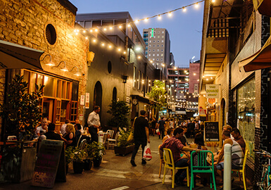 Peel Street Adelaide lit up at sunset