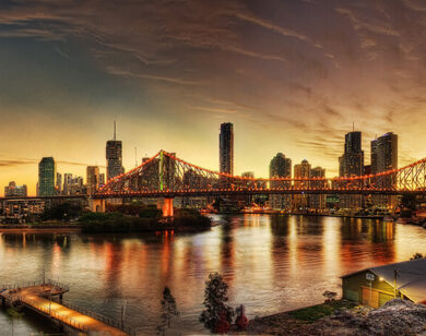 Brisbane Skyline at Sunset overlooking the Storey Bridge