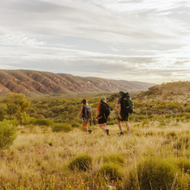 Photo of three backpackers in the outback.