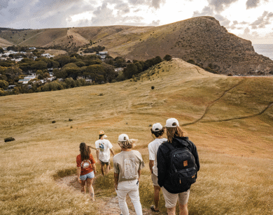 Group of friends walk down a grassy hill in the afternoon.
