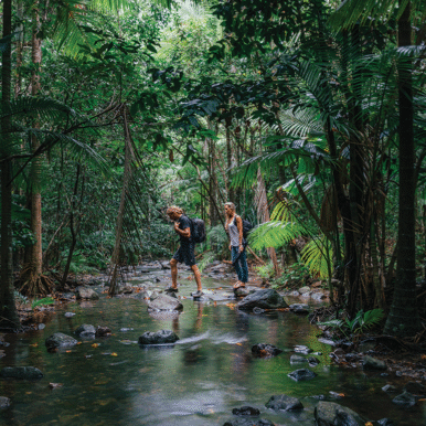 A man and a woman use rocks to cross a stream in Queensland rainforest.